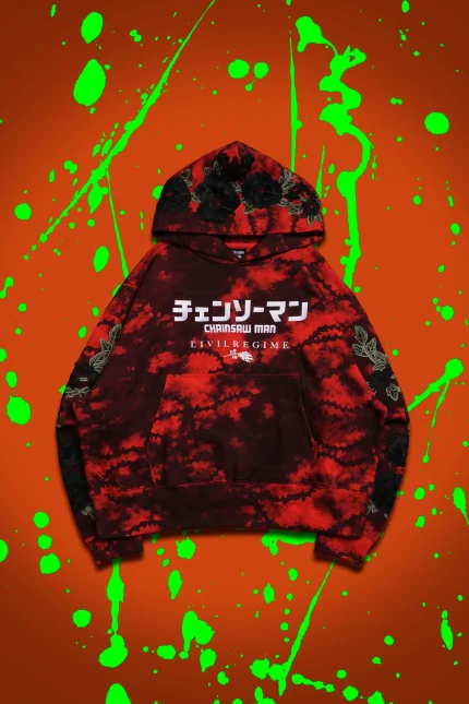 Chainsaw Forever Rose Hoodie in Black/Red Marble Wash